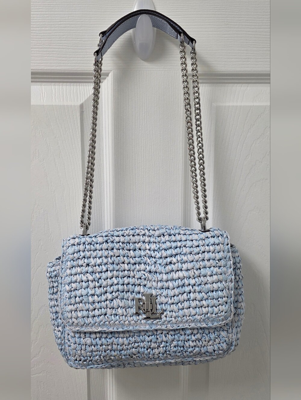 Lauren Ralph Lauren Blue Melange Woven Straw Medium Sophee Bag NWT Old Money 350